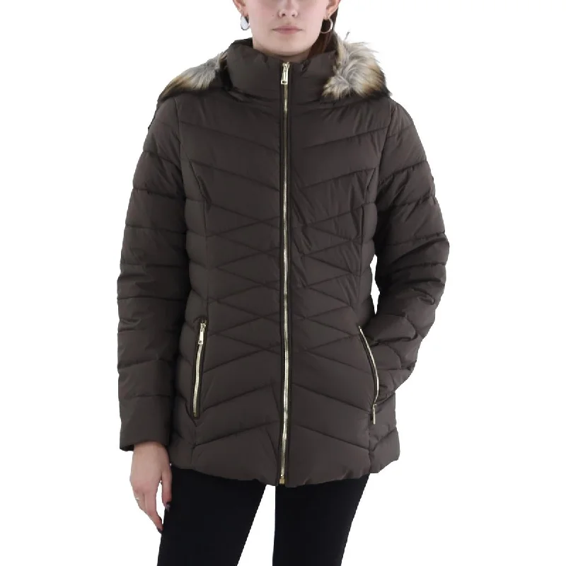 Bargain Bin Laundry by Shelli Segal Womens Faux Fur Trim Hooded Puffer Jacket