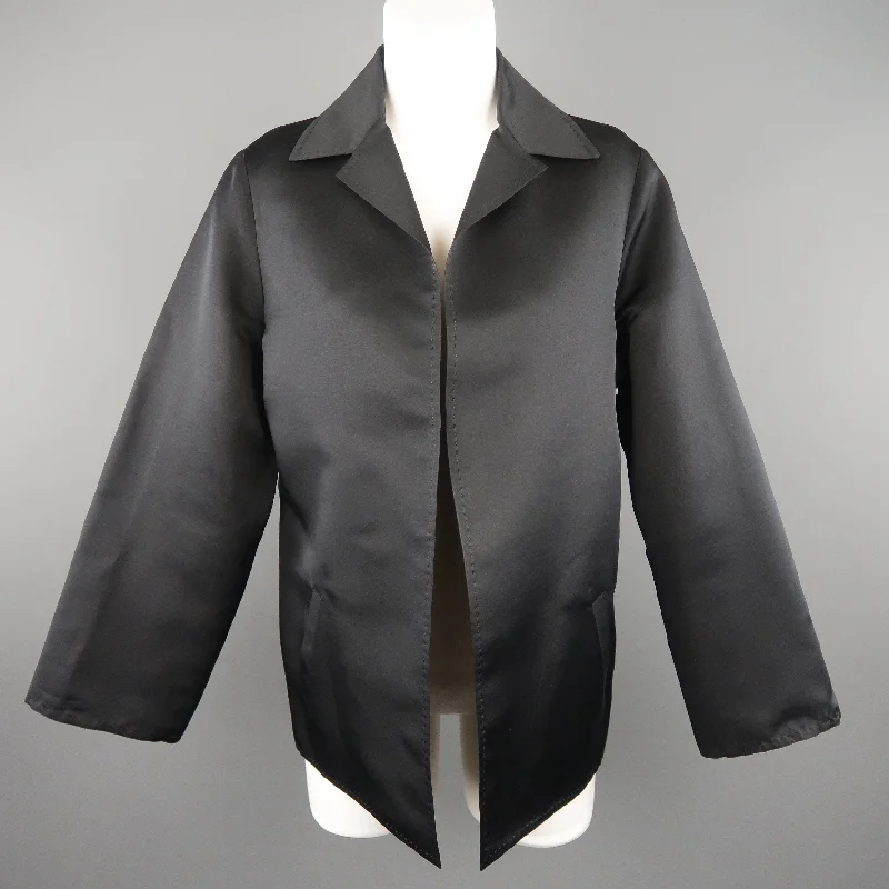 Discount Mania DUSAN Size M Black Silk Satin Collared Open Front Jacket