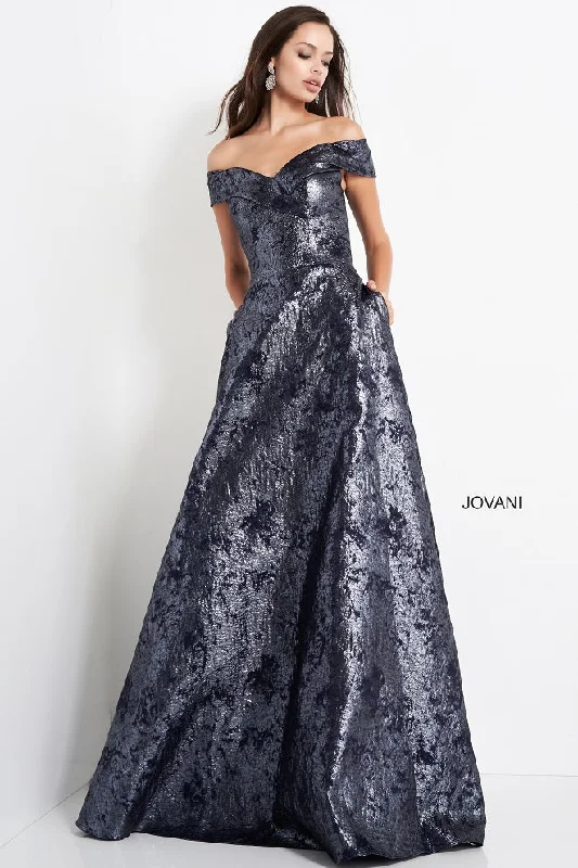 Grand Opening Sale Jovani 03674 Navy Brocade Evening Dress Sweetheart Neckline Off the Shoulder Straps Grand Opening Sale Jovani 03674 Navy Brocade Evening Dress Sweetheart Neckline Off the Shoulder Straps