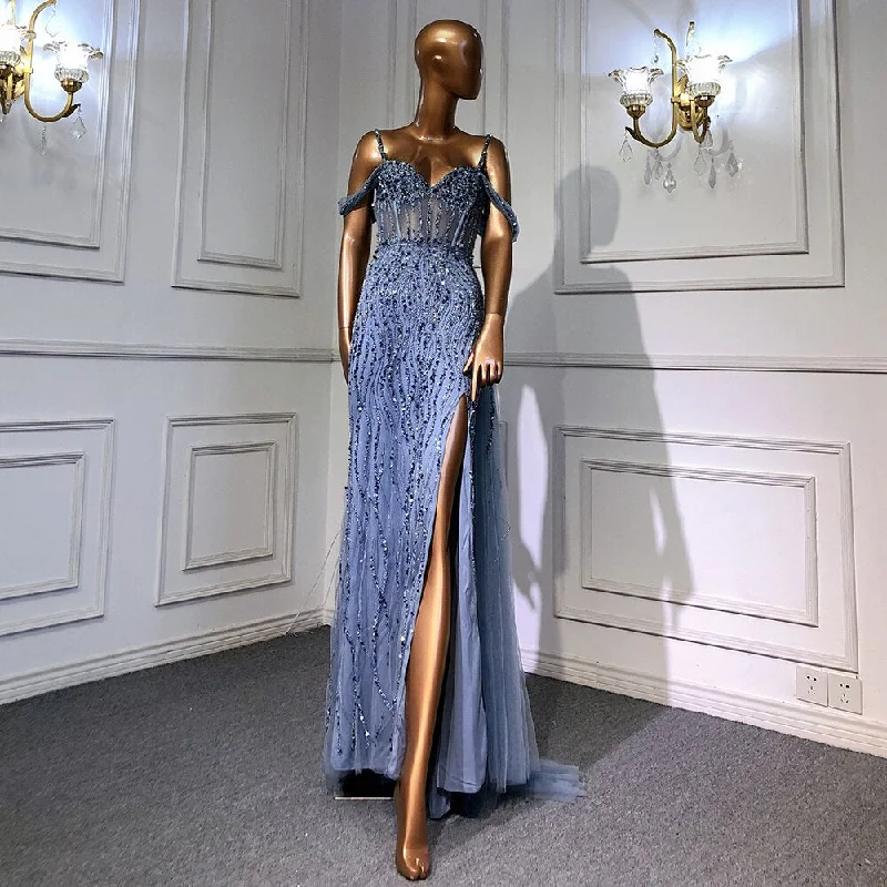 Exclusive Savings Serene Hill Blue Mermaid Sexy Spaghetti Straps High Split Evening Dresses Gowns Luxury Beaded 2024 For Women Party LA71571