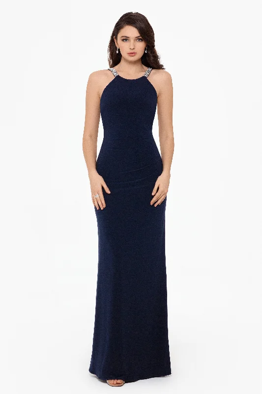Extra Savings "Jayleen" High Neck Side Ruched Stretch Knit Gown