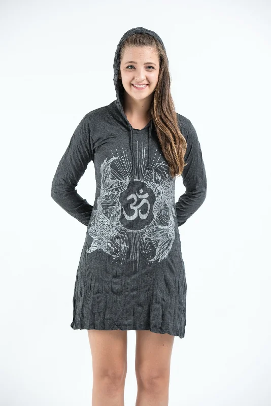 Year-End Sale Sure Design Women's Ohm and Koi fish Hoodie Dress Silver on Black