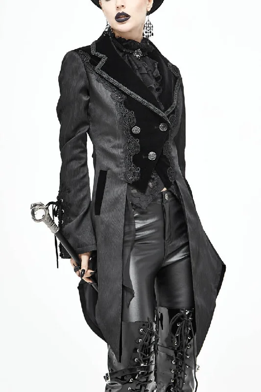 Flash Sale Black Front Decals Metal Button Lace-Up Cuff Dovetail Hem Striped Jacquard Women's Gothic Coat Flash Sale Black Front Decals Metal Button Lace-Up Cuff Dovetail Hem Striped Jacquard Women's Gothic Coat