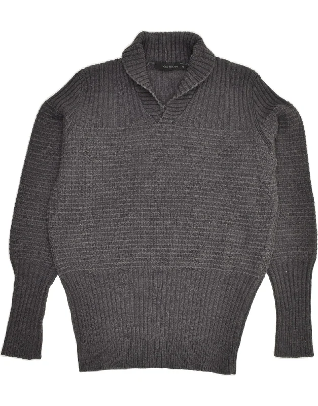 Fantastic Offers CALVIN KLEIN Womens Shawl Neck Jumper Sweater UK 18 XL Grey Wool