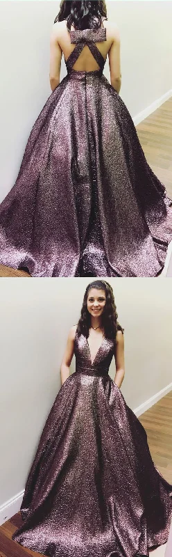 Exclusive Preview open back dark purple v-neck formal long prom dress, PD4158