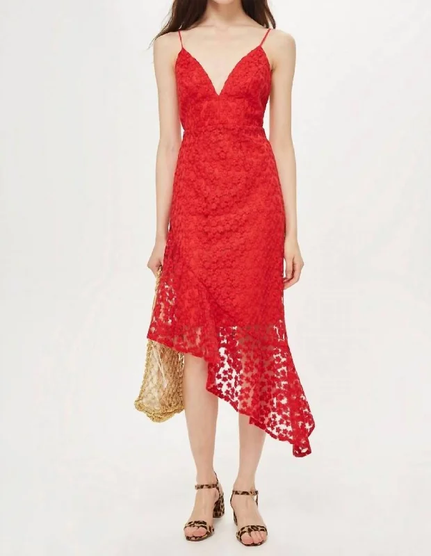 New Arrival Lace Embroidery Asymmetrical Cocktail Dress In Red