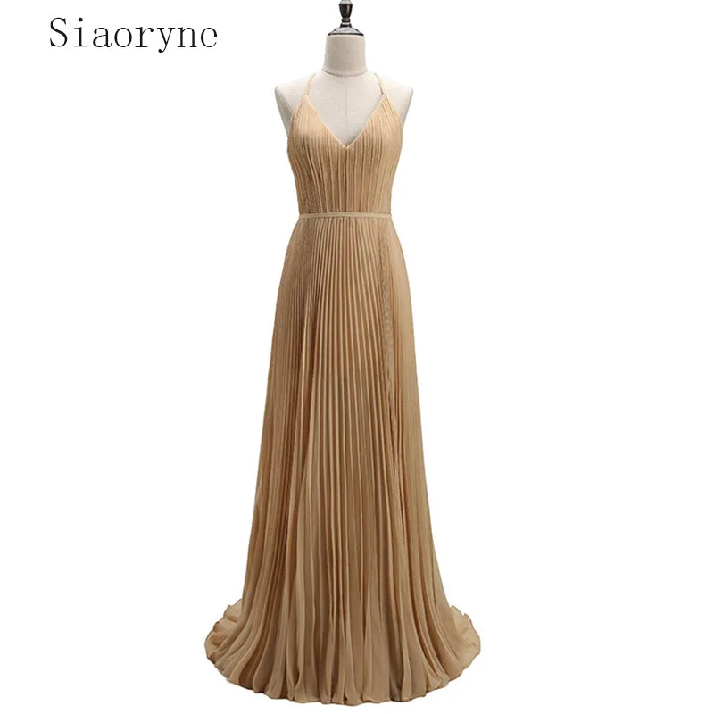 Midnight Madness New Pleated Chiffon Halter Champagne Long Evening Dress Party Gown vestidos de festa noite Midnight Madness New Pleated Chiffon Halter Champagne Long Evening Dress Party Gown vestidos de festa noite