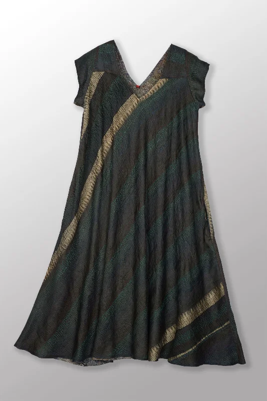 Online Only VINTAGE SILK GEORGETTE KANTHA CAP SLV. FLARE DRESS - sg2425-0006m -