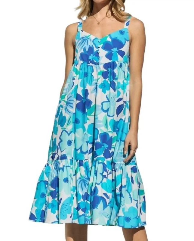Final Markdown Floral Printed Woven Tiered Midi Dress In Blue Multi