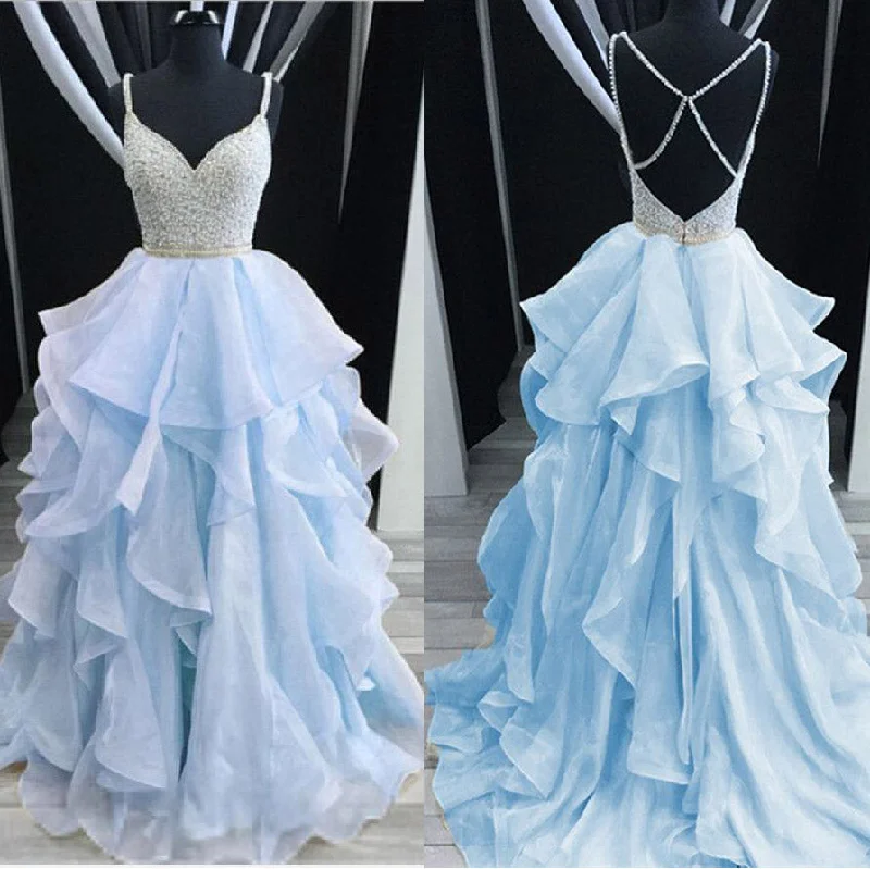 Clearance Items Dreamy Spaghetti Cross Back Beading Tiered Organza Girls Senior Dresses 2020 Prom Beaded Graduation Gown Clearance Items Dreamy Spaghetti Cross Back Beading Tiered Organza Girls Senior Dresses 2020 Prom Beaded Graduation Gown