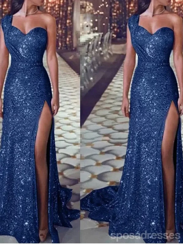 Lowest Price Blue Mermaid One Shoulder High Slit Cheap Long Prom Dresses,12973
