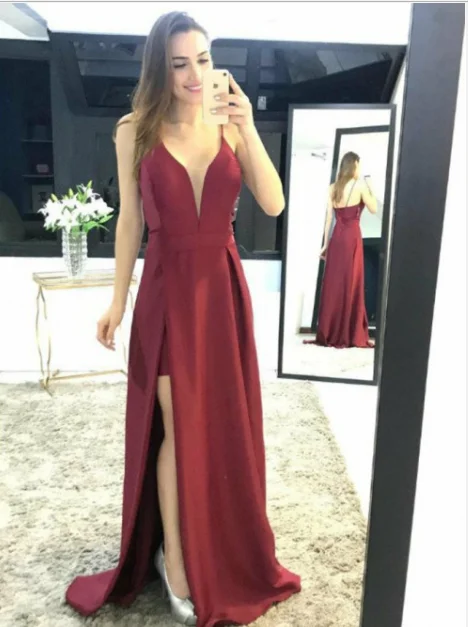 Final Markdown simple spaghetti straps long prom dress with side slit, PD02504