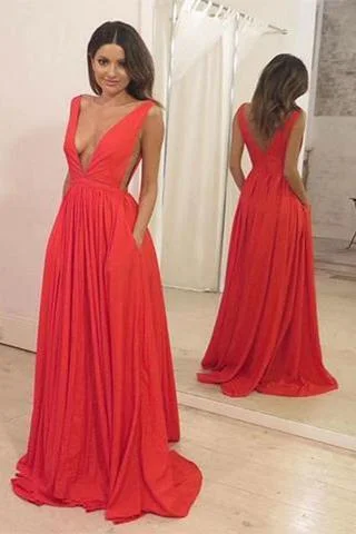 Grand Opening Sale deep v-neck red long simple prom dress, BD7679