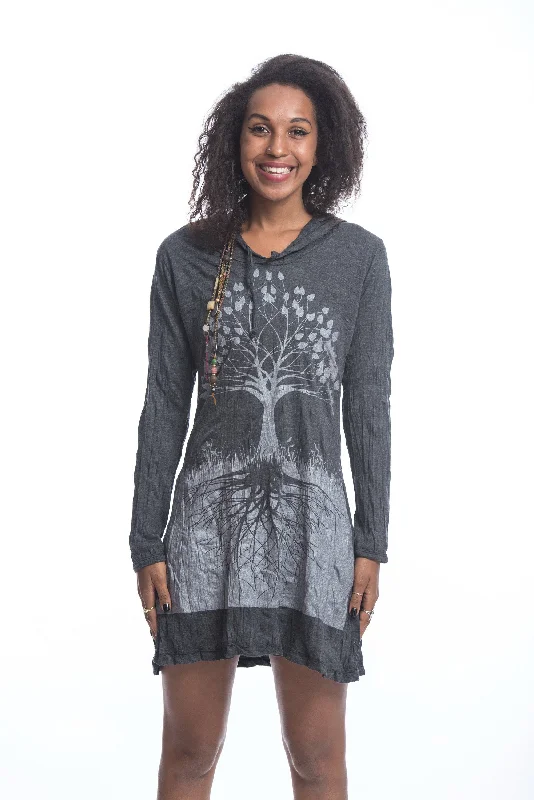 Year-End Clearance Sure Design Women's Tree of Life Hoodie Dress Silver on Black