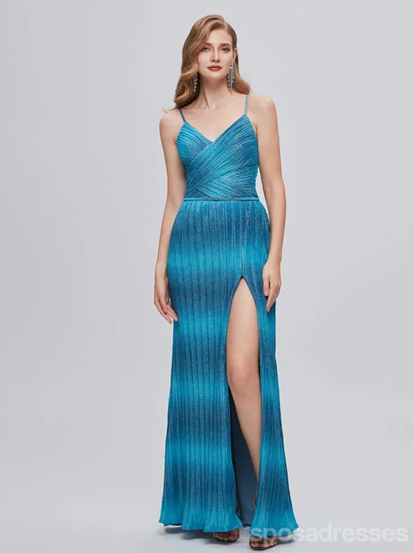 Don’t Miss Out Blue Mermaid Spaghetti Straps Side Slit V-neck Cheap Prom Dresses,12990