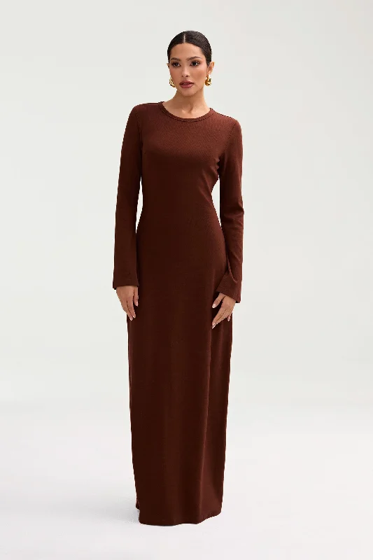 Stock Clearance Ella Ribbed Split Cuff Maxi Dress - Chocolate