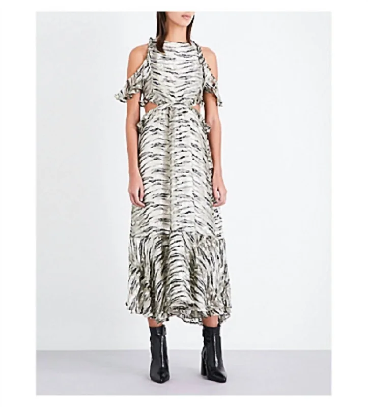 Grand Opening Sale Animal Print Silk Ruffle Open Back Cutout Midi Dress In Grey