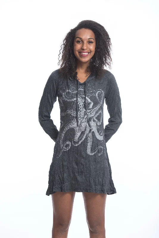 Daily Deals Sure Design Women's Octopus Hoodie Dress Silver on Black