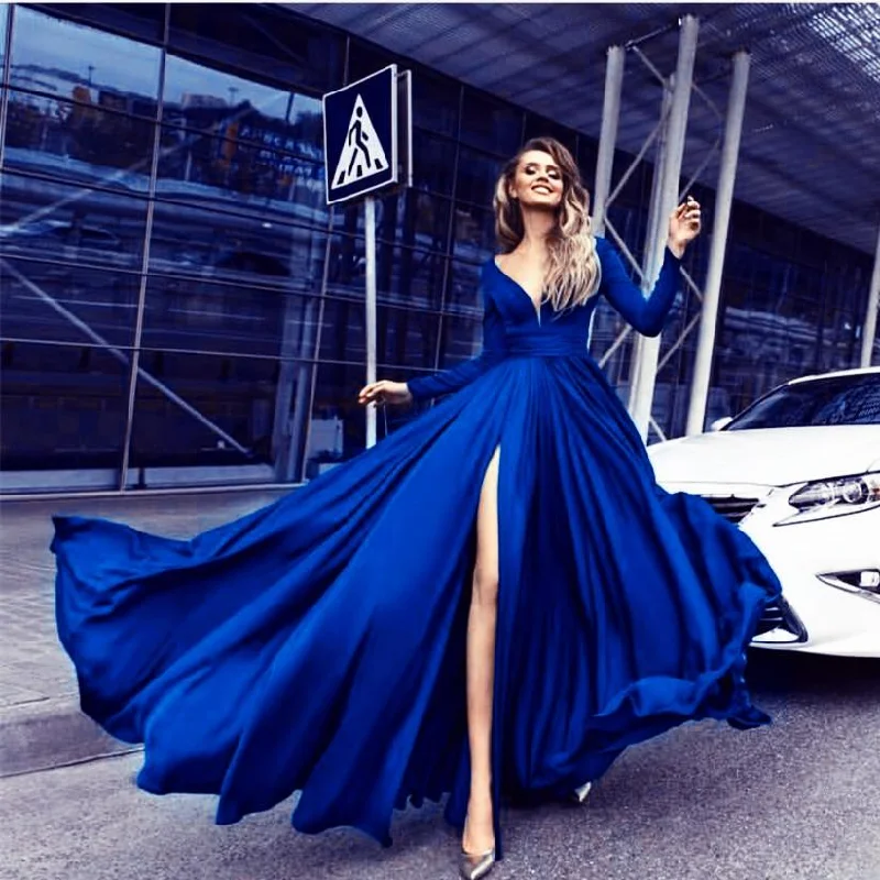 Fantastic Deals Elegant Long Sleeves V Neck Prom Long Dress Women Evening Gown vestido longo