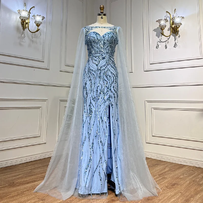 Markdowns Serene Hill Blue Mermaid Sexy Long Cape Sleeves Evening Dresses High Slipt Gowns Luxury Beaded 2024 For Women Party LA72015