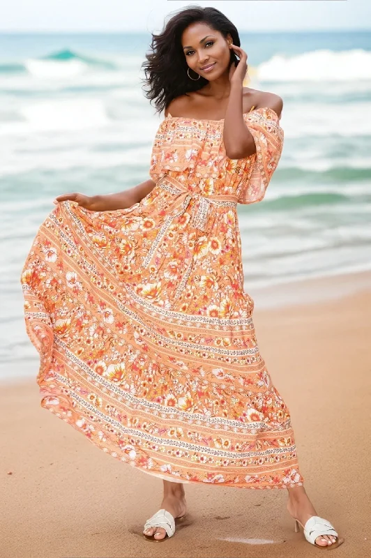 Super Sale Floral Off-Shoulder Tie Front Boho Maxi Beach Dress