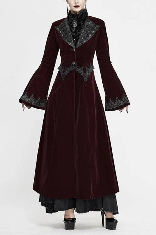 Online Only Red Lace Flared Sleeves Velvet Long Womens Gothic Coat