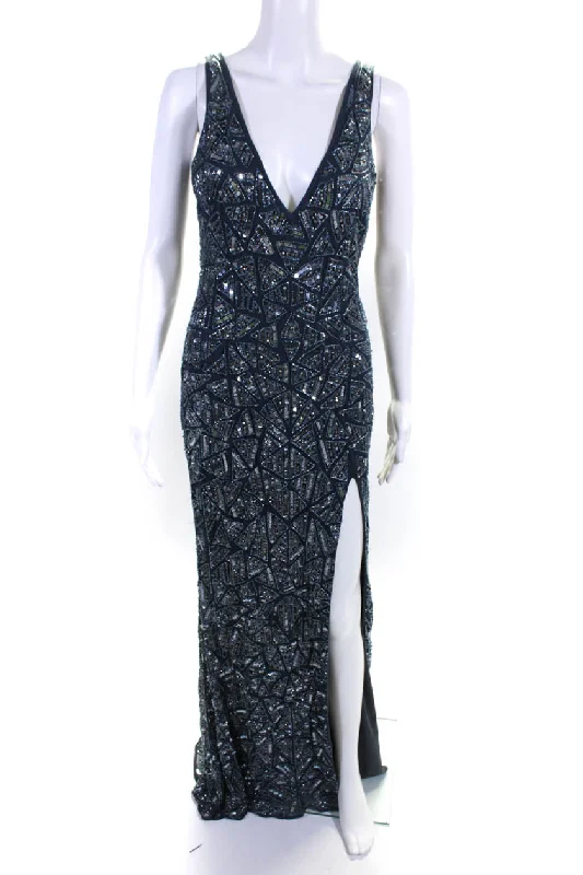 Best Deals Mac Duggal Womens Blue Beaded Sequins V-Neck Zip Back Slits Gown Dress