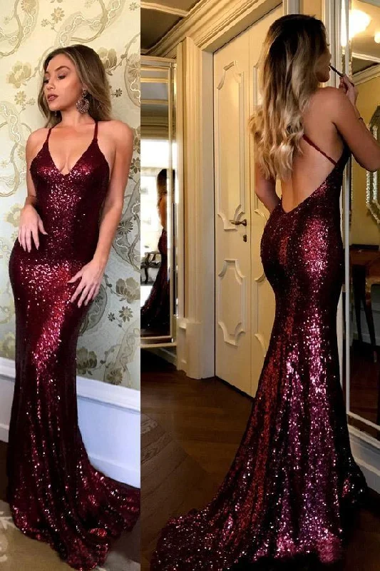 Super Deal formal sparkle burgundy sequin mermaid long prom dress, BD6899