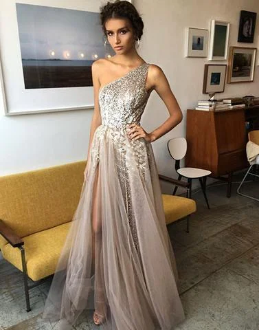 Bargain Prices unique formal tulle one shoulder side slit long prom dress, PD4488