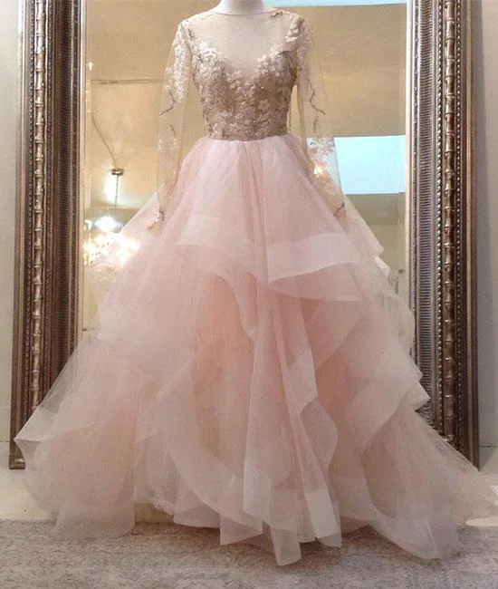 Price Reduction beauty blush pink long sleeves ball gown backless long tulle fluffy prom dress, PD5845 Price Reduction beauty blush pink long sleeves ball gown backless long tulle fluffy prom dress, PD5845