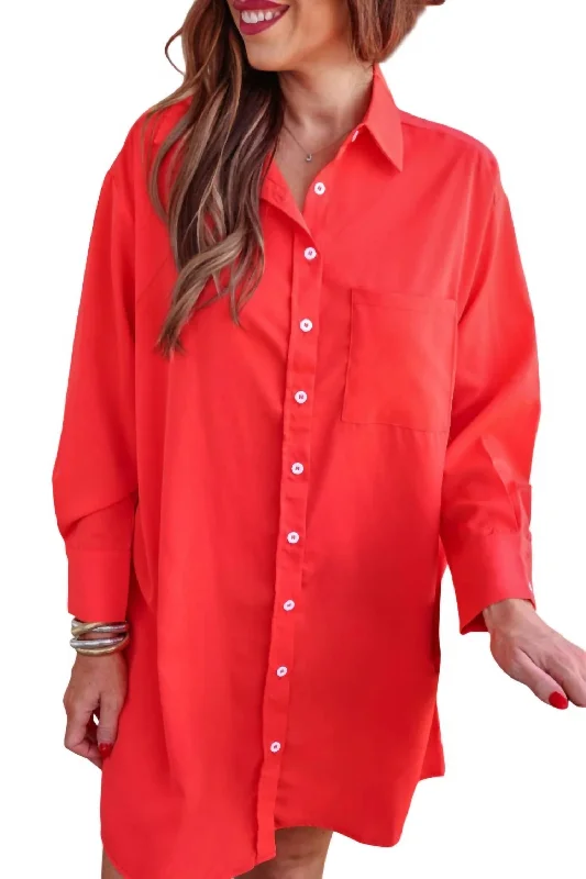 Final Clearance Tristan Button Up Shirt Dress In Coral
