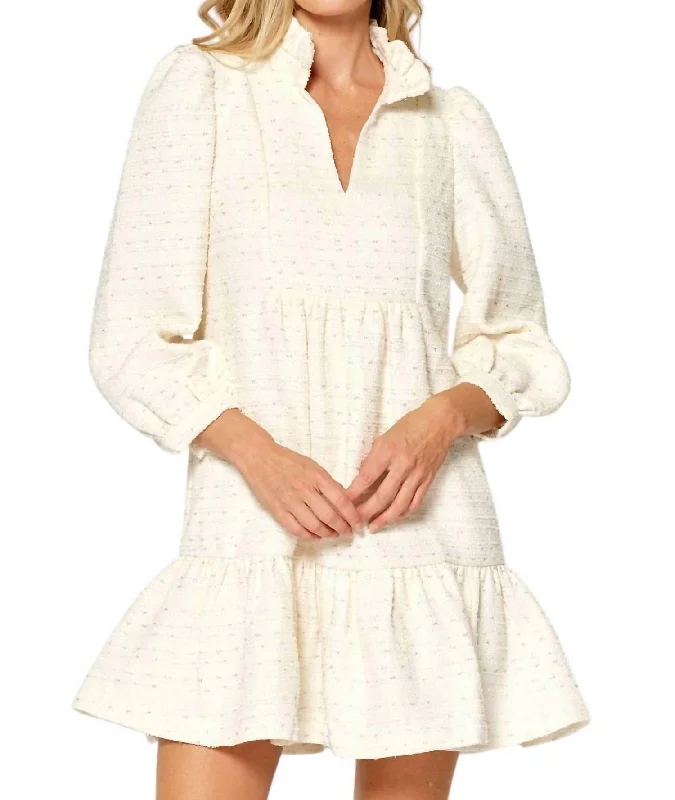 Limited Time Offer Puff Sleeve Tweed Dress In Off White