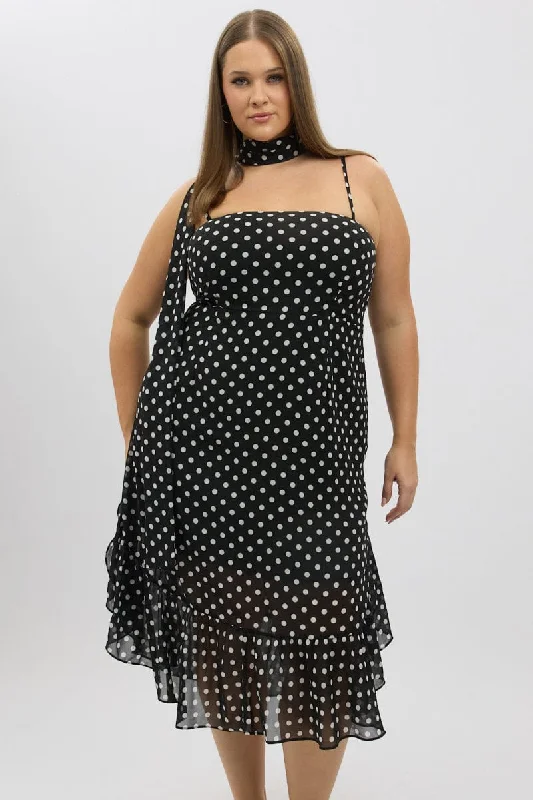 Take Advantage Black Polka Dot Midi Dress Sleeveless Ruffle with Scarf