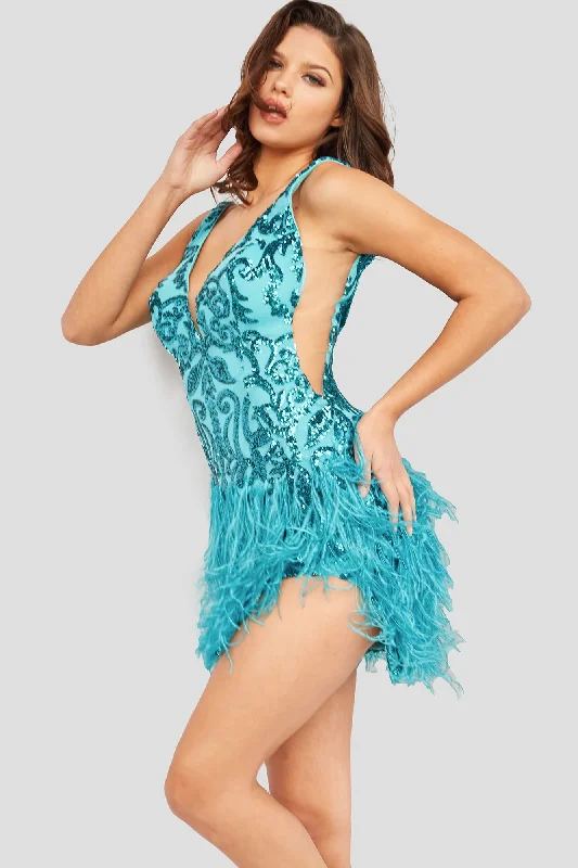 Referral Discount Jovani 23103 Short Fitted Sequin Feather Cocktail Dress Side Slit Homecoming Gown Referral Discount Jovani 23103 Short Fitted Sequin Feather Cocktail Dress Side Slit Homecoming Gown