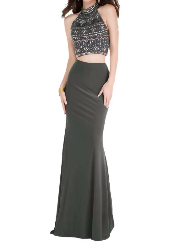 Hurry In Beaded Crop Two Piece Halter Gown In Moss