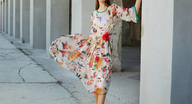 Final Markdown Flower Printed Silk Chiffon Dress In Green Red