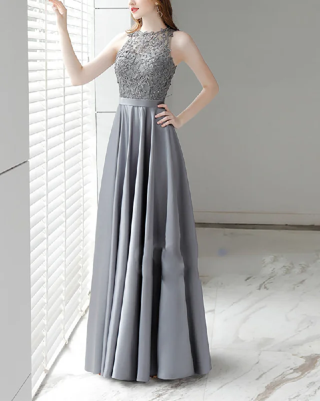 Unbeatable Prices Tank Boat Neck Gray Prom Dresses Long Satin with Lace Beading PL874 Unbeatable Prices Tank Boat Neck Gray Prom Dresses Long Satin with Lace Beading PL874