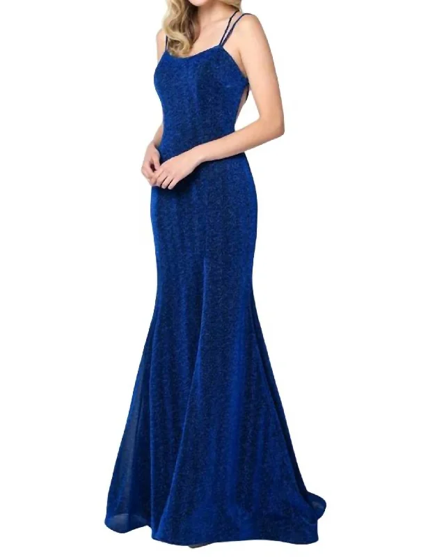 Markdowns Sleeveless Metallic Glitter Gown In Royal