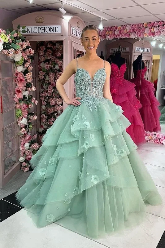 Deal Zone Green Sweetheart Tiered Ruffle Long Prom Dresses with Appliques