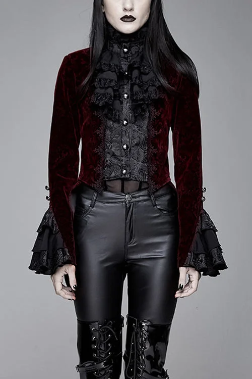 Clearance Items Red Jacquard Velvet Womens Swallow Tailed Gothic Coats
