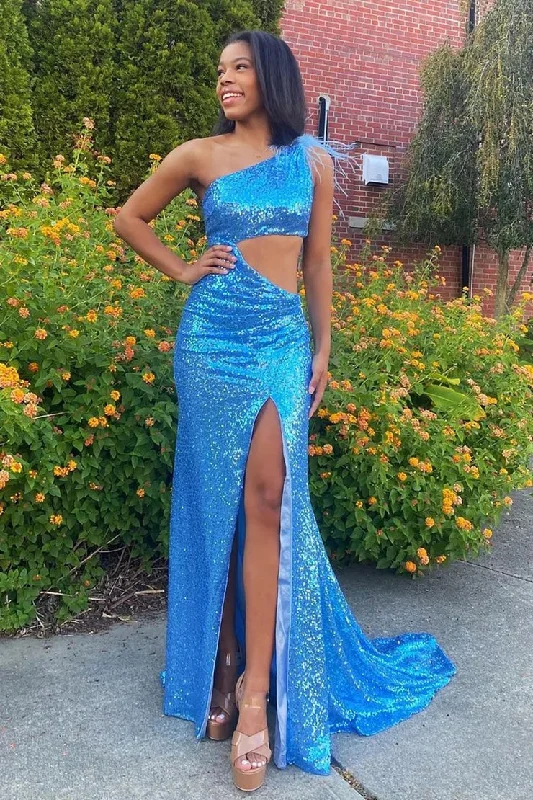 Deal Frenzy Sparkly Mermaid One Shoulder Blue Sequins Long Prom Dress with Feather Deal Frenzy Sparkly Mermaid One Shoulder Blue Sequins Long Prom Dress with Feather