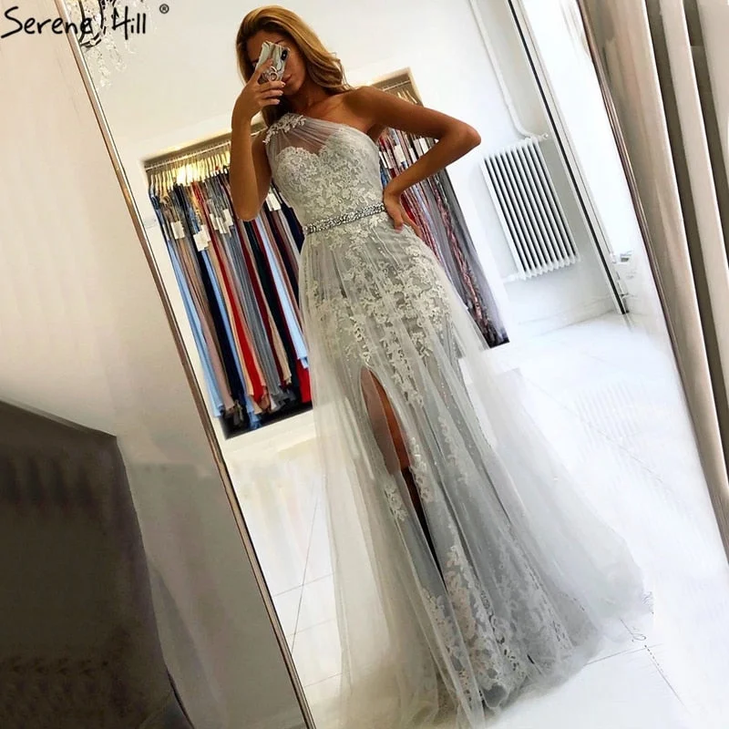Clearance Event Sale Serene Hill Grey Mermaid Elegant Evening Dresses Gowns 2024 One Shoulder Lace Sexy Pearls For Women Party LA70635