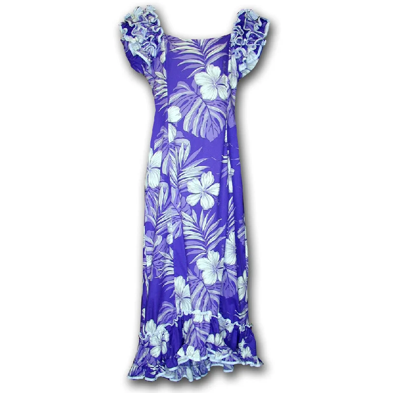 Referral Discount Big Hibiscus Purple Ruffle Shoulder Muumuu
