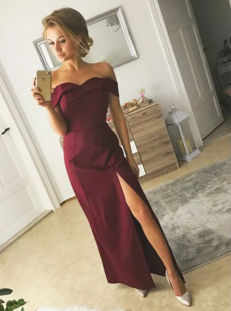 Major Savings off shoulder simple elegant burgundy long prom dress with side slit, PD0506 Major Savings off shoulder simple elegant burgundy long prom dress with side slit, PD0506