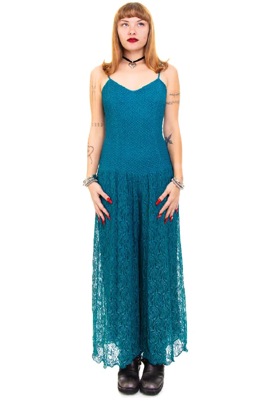 Massive Deals Vintage 80's Dark Romantic Teal Lace Floral Dress - S/M/L