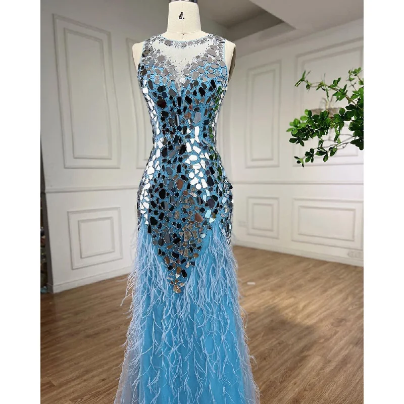 Don't Wait Serene Hill Blue O-neck Tank Sleeveless Feathers Mermaid Evening Dresses Elegant Formal Party Gowns For Women 2024 LA72081