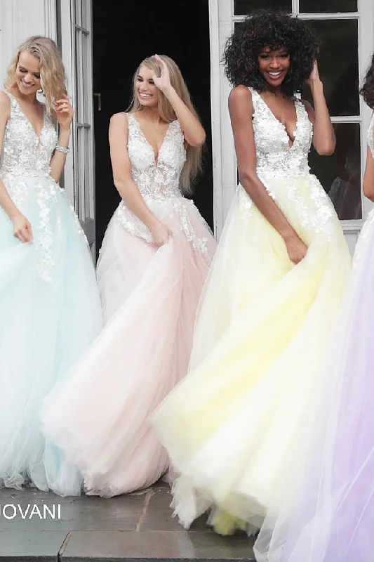 Super Sale Jovani 55634 floral appliques prom dress ballgown Lace Tulle Long V Neck