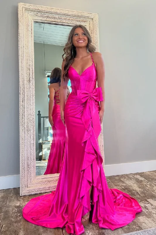 Overstock Sale Pink Mermaid V Neck Satin Cute Prom Dress with Slit and Bow