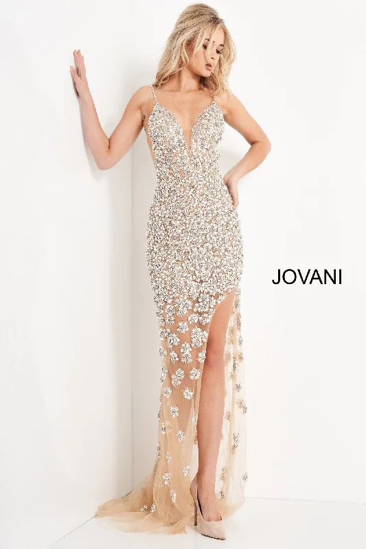 Don't Wait Jovani 02492 Long Nude Sheer Sexy Crystal Embellished Formal Dress Slit V Neck Don't Wait Jovani 02492 Long Nude Sheer Sexy Crystal Embellished Formal Dress Slit V Neck