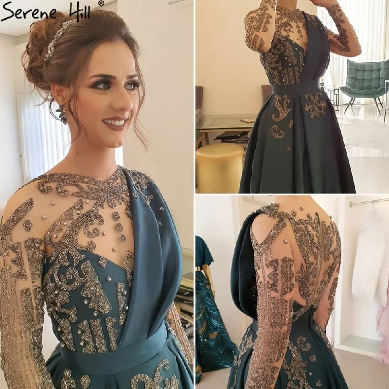 Special Discount Serene Hill Muslim Blue Beaded Satin A-Line Elegant Evening Dresses Wedding Party Gowns For Woman LA71135